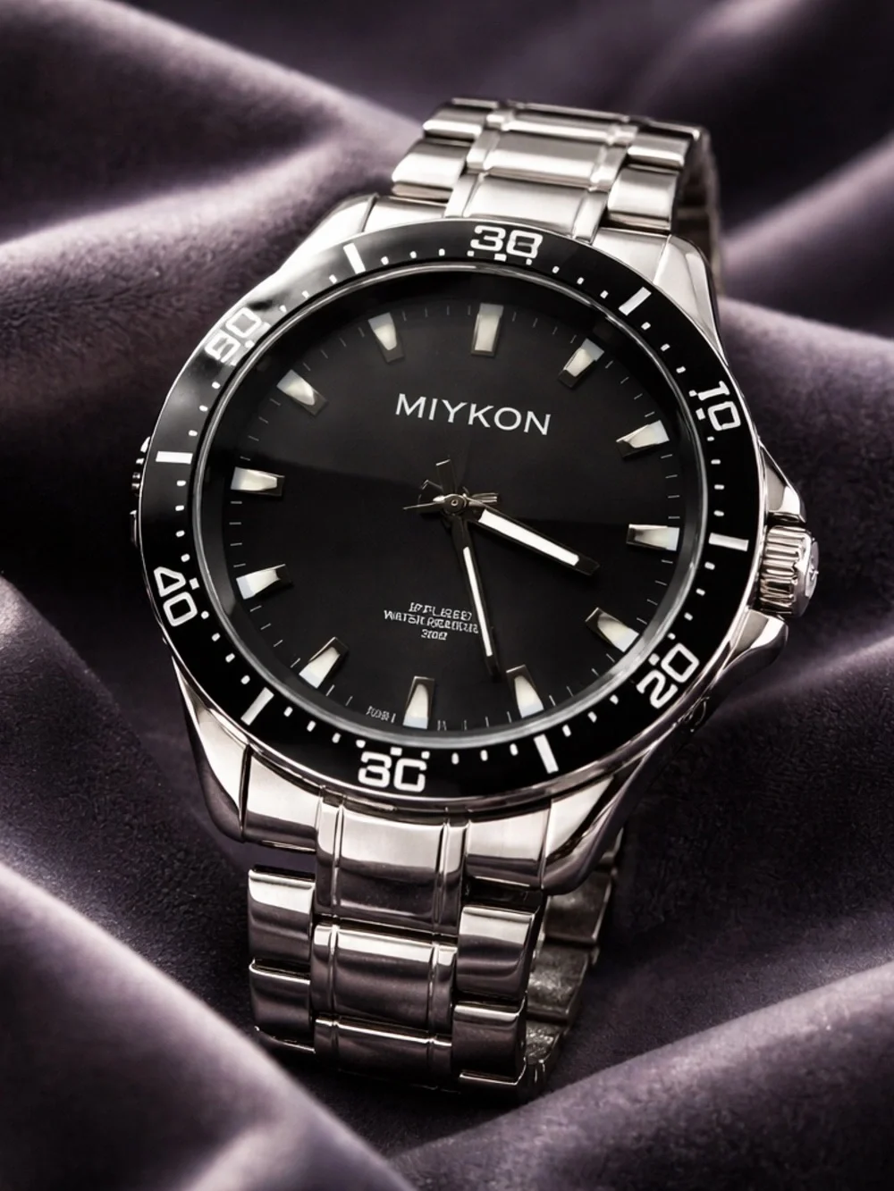 Miykon Men's Silver Stainless Steel Quartz Watch - Black Dial, Water Resistant